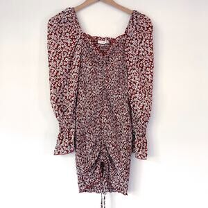 Y2K Red Floral Puff Sleeve Smocked Ruched Babydoll Tunic Top Cottage Fairy